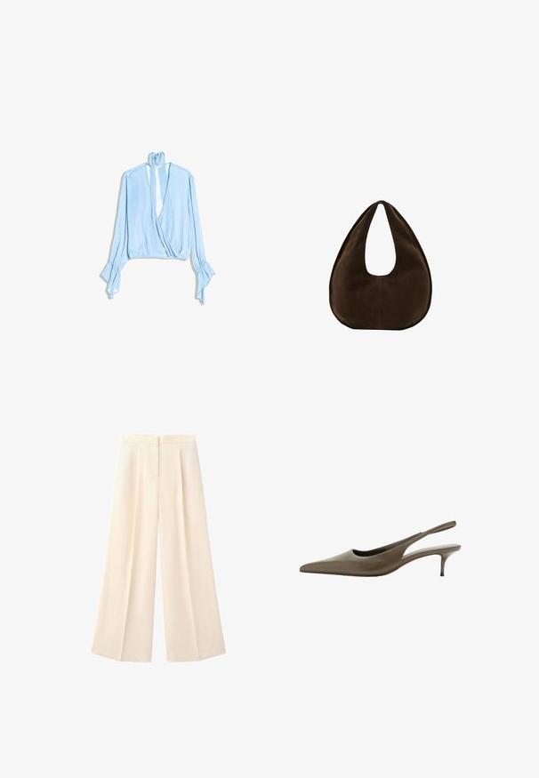 Blouse bleu clair à manches longues avec un col en V profond, une fermeture croisée devant, des poignets évasés et un lien étroit noué à l'arrière du cou.; Pantalon crème taille haute à jambes larges avec plis devant et fermeture dissimulée par boutons et zip.; Chaussure slingback en cuir vert olive avec bout pointu et petit talon kitten, vue de profil sur fond blanc.; Sac à main en daim marron foncé en forme de croissant avec une seule sangle large et une texture lisse sur fond blanc.