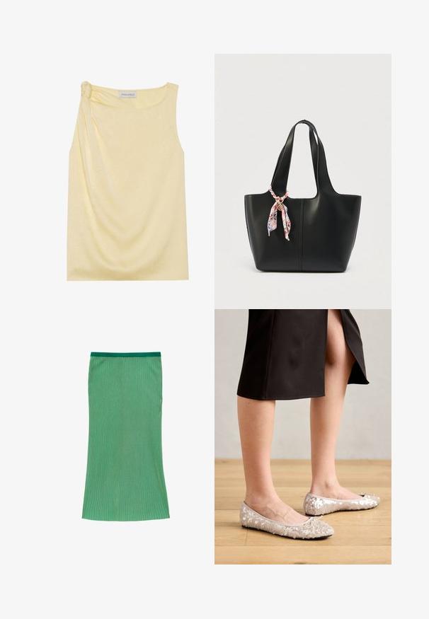 Haut jaune sans manches avec une finition texturée et un détail froncé sur le côté. Tissu doux et coupe décontractée, avec un ourlet droit.; Jupe longueur genou à rayures verticales vertes et blanches avec ceinture élastique sur fond blanc.; Ballerines en sequins beiges avec un bout rond, ornées d'un accent nœud, associées à une jupe noire, exposées sur un sol en bois.; Sac cabas noir avec des anses larges, décoré d'une écharpe florale rose attachée à une anse avec un charme doré, sur un fond uni.