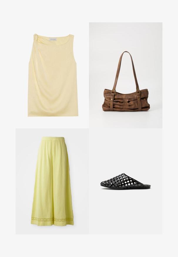 Haut jaune sans manches avec une finition texturée et un détail froncé sur le côté. Tissu doux et coupe décontractée, avec un ourlet droit.; Pantalons larges jaunes en tissu texturé avec une taille élastique. Présente un détail en crochet à l'ourlet.; Chaussure noire à enfiler avec un bout pointu et un design en treillis ouvert à motif en grille sur la tige.; Even&Odd Sac à main - brown