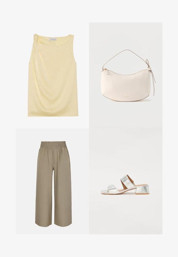 Haut jaune sans manches avec une finition texturée et un détail froncé sur le côté. Tissu doux et coupe décontractée, avec un ourlet droit.; Pantalon beige à jambes larges avec ceinture élastique et poches latérales, en tissu léger.; Sandales à talons carrés argentés avec deux brides croisées. Fini métallisé lisse et design simple. Bout ouvert avec un petit talon carré.; Sac à main en cuir blanc cassé avec une forme incurvée, fermeture éclair, bandoulière unique et détail de nœud sur le côté.