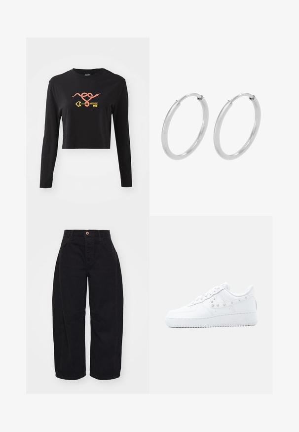 Čierny dlhý rukáv cropped top vyrobený z bavlny. Na prednej strane sa nachádza farebná grafika hada a kľúča. Jednoduchý dizajn s okrúhlym výstrihom.; Free People GOOD LUCK MID RISE BARREL - Džínsy voľného strihu - soundwave; Biely teniska Nike Air Force 1 s detailom Swoosh s hrotmi a hrubou podrážkou, zobrazená na jednoduchom svetlosivom pozadí.; Strieborné kruhové náušnice, oblého tvaru, hladký lesklý povrch a rovnomerná šírka po celom obvode. Minimalistický dizajn bez ďalších akcentov.