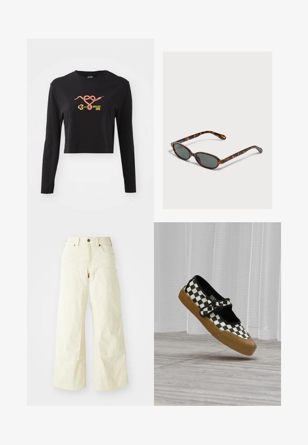 Čierny dlhý rukáv cropped top vyrobený z bavlny. Na prednej strane sa nachádza farebná grafika hada a kľúča. Jednoduchý dizajn s okrúhlym výstrihom.; Béžové nohavice s širokými nohavicami vyrobené z bavlny, s vysokým pásom, veľkými prednými vreckami a hladkou textúrou s minimálnym detailom šitia.; Čierno-biely kockovaný teniska Mary Jane s hnedou gumovou podrážkou, čiernym remienkom so sponou, vznášajúci sa nad svetlou drevenou podlahou a bielymi závesmi.; Malé oválne okrúhle slnečné okuliare v korytnačinovom vzore s tmavými sklami, ktoré ležia na svetlosivom povrchu.