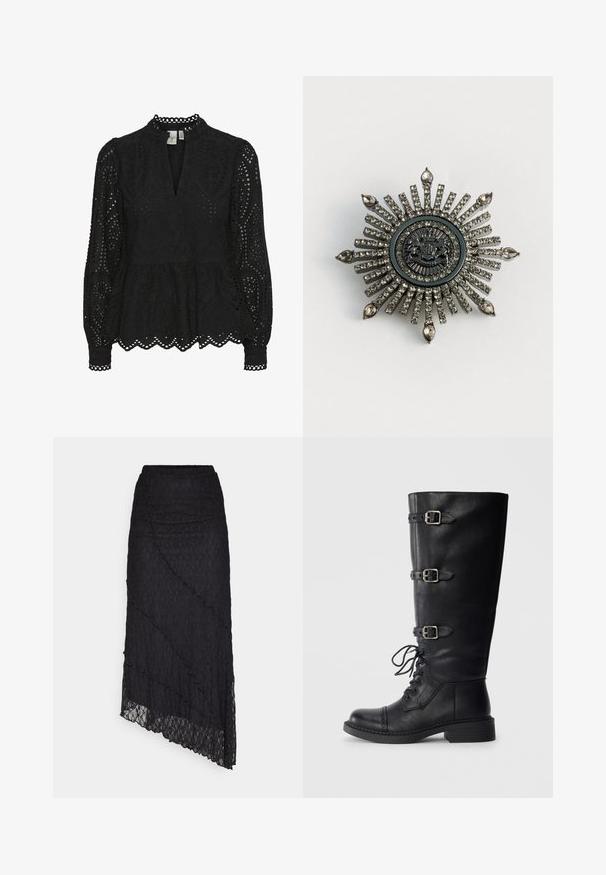 Blusa negra con cuello alto, mangas largas y patrones de corte intrincados, con un dobladillo de peplum y bordes en forma de concha.; ONLY ONLKIM SLIT - Falda larga - black; Bota de cuero negro hasta la rodilla con cordones en la parte frontal, tres detalles de hebilla, punta redondeada y tacón bajo tipo bloque. Textura lisa con acabado mate.; Broche en forma de estrella en metal de tono plateado con rhinestones transparentes. El diseño central presenta un emblema circular con un detallado intrincado.