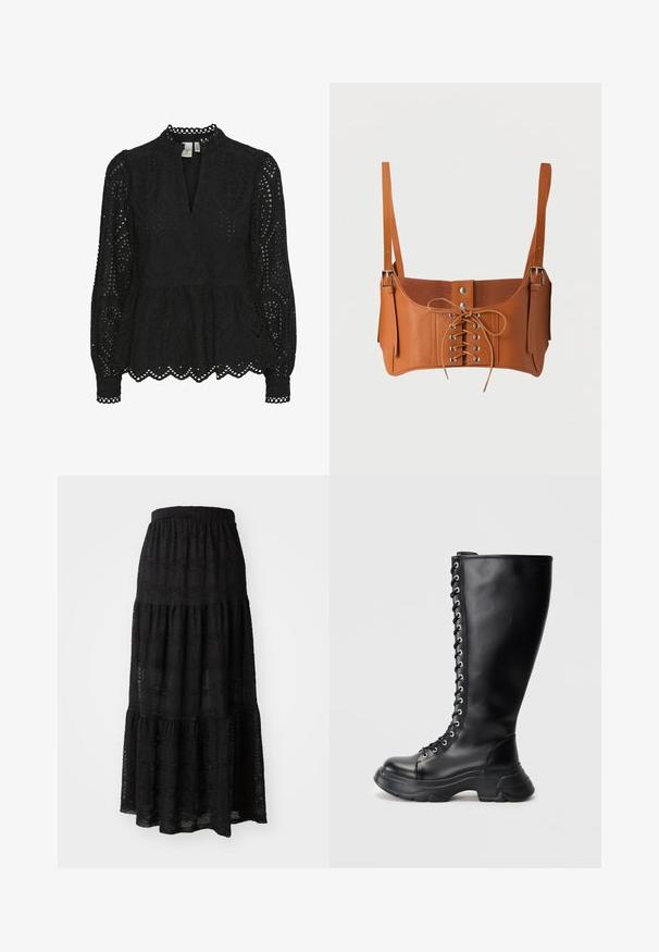 Blouse noire avec un col montant, des manches longues et des motifs découpés complexes, avec un ourlet peplum et des bords festonnés.; Jupe maxi noire en tissu texturé, avec un design à volants, une taille froncée et de subtils motifs ondulés sur l'ensemble.; Botte montante en cuir noir avec lacets, semelle épaisse et œillets en argent sur un fond clair.; Bustier court en cuir marron avec laçage devant, œillets argentés, boutons-pression et bretelles réglables avec boucles métalliques.