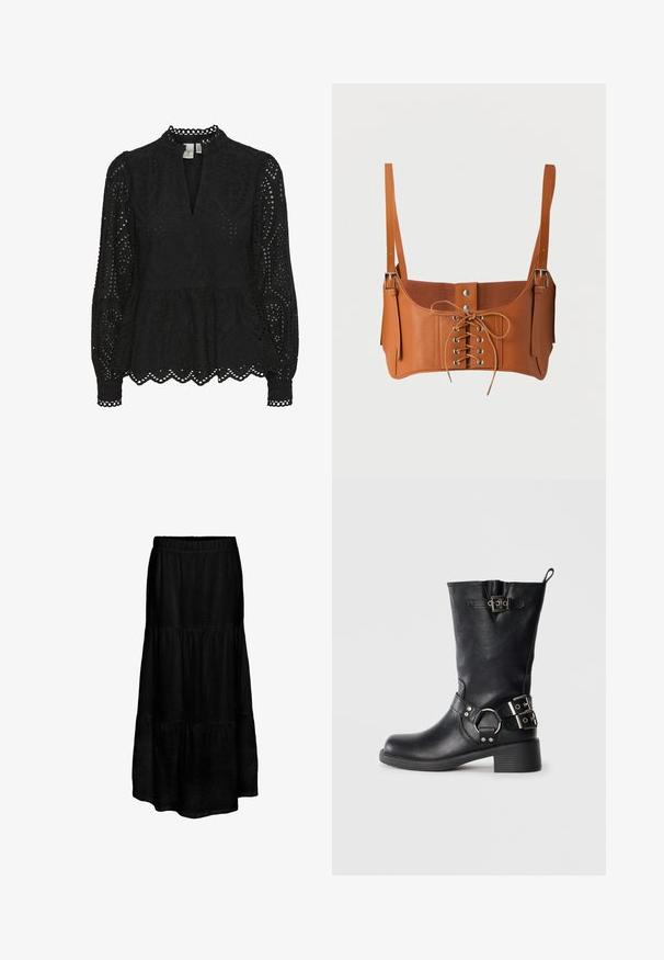 Blusa negra con cuello alto, mangas largas y patrones de corte intrincados, con un dobladillo de peplum y bordes en forma de concha.; falda maxi negra, con capas y cinturilla elástica, hecha de un tejido ligero, con un acabado texturizado y una silueta fluida.; Bota negra hasta la rodilla hecha de cuero, con punta redonda, tacón bajo, detalles de hebilla en los laterales y una pestaña en la parte posterior.; Corsé corto de cuero marrón con cordones en la parte delantera, ojales plateados, botones a presión y tirantes ajustables con hebillas metálicas.