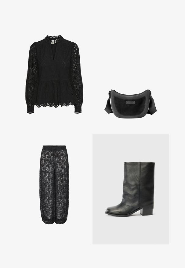 Blusa negra con cuello alto, mangas largas y patrones de corte intrincados, con un dobladillo de peplum y bordes en forma de concha.; Pantalones negros de pierna ancha con superposición de encaje floral y cinturilla elástica, tela transparente que revela el forro interior debajo.; Bota de cuero negra hasta la mitad de la pantorrilla con punta redonda y tacón cuadrado, apoyada sobre un fondo gris claro liso.; Bolso negro de hombro con forma curva. Hecho de cuero y ante, presenta un gran bolsillo frontal con un logotipo sutil y una correa ajustable.