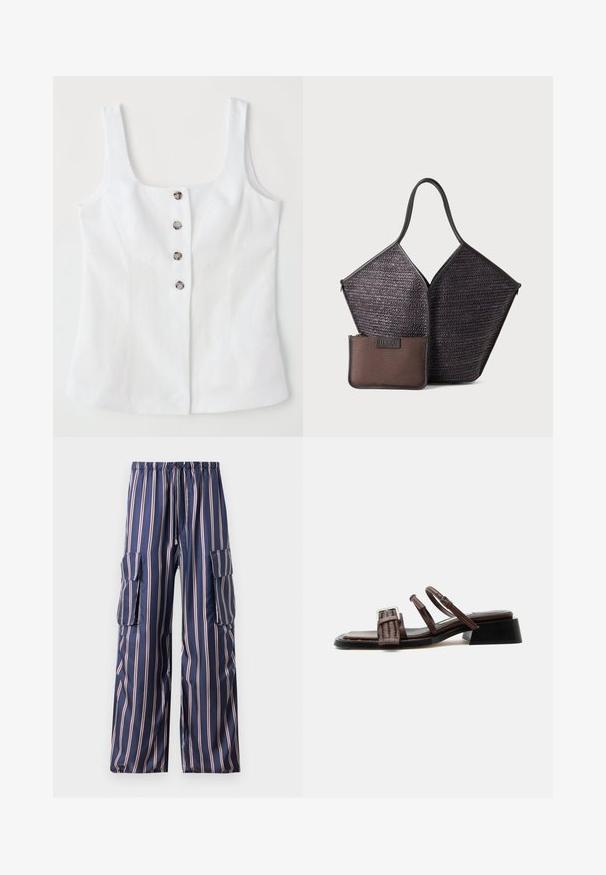Haut en lin blanc avec un décolleté carré, cinq boutons métalliques sur le devant et larges bretelles. Texture lisse et coupe ajustée.; Pantalons cargo rayés marine en tissu lisse, dotés d'une taille élastique, de poches latérales et d'une coupe large avec des rayures contrastées.; Sandale en cuir marron avec bride avant tissée, deux fines brides de cheville avec boucle, talon bloc bas et bout carré.; Hereu CALELLA - Cabas - dark brown