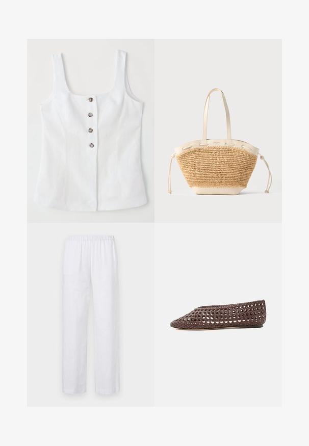 Haut en lin blanc avec un décolleté carré, cinq boutons métalliques sur le devant et larges bretelles. Texture lisse et coupe ajustée.; ASPESI PANTALONE - Pantalon classique - white; Chaussure plate marron avec un motif ajouré tissé et un bout rond fermé, vue de profil sur un fond clair.; Sac fourre-tout en paille tissée beige avec poignées, bordures et côtés à cordon en cuir crème sur fond gris clair.