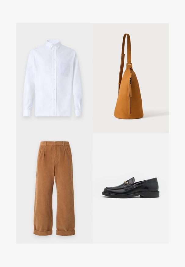 Witte lange mouwen overhemd van katoen, met een borstzak met tonale borduring, een kraag en knopenmanchetten.; Bruine corduroy broek met een wijd model, voorzien van voorplooien en opgerolde zomen. De stof heeft een gestructureerd, geribbeld uiterlijk.; Zwarte leren instappers met een ronde neus, voorzien van een gouden hardware accent en stikdetails, geplaatst op een lage, getextureerde rubberen zool.; Lichtbruine leren schoudertas met verstelbare band en verticale ritszak, zijaanzicht tegen een effen lichte achtergrond.