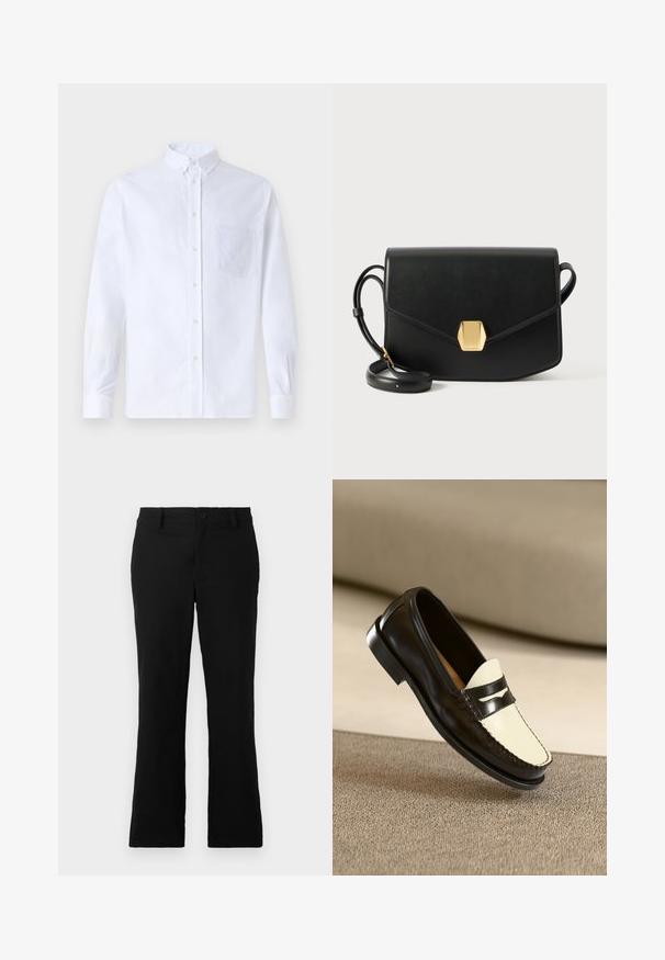 Chemise blanche à manches longues avec boutons en coton, présentant une poche poitrine avec broderie ton sur ton, un col et des poignets boutonnés.; Pantalons évasés noirs en tissu mélangé coton, dotés d'une fermeture à bouton, de passants de ceinture et d'une texture lisse sans motifs visibles.; Mocassin en cuir noir avec un empeigne crème et des rayures noires, présentant un petit talon et des coutures détaillées le long des bords.; Sac à main en cuir noir de forme rectangulaire, avec une fermeture magnétique et un accent doré. Equipé d'une bandoulière amovible pour plus de polyvalence.