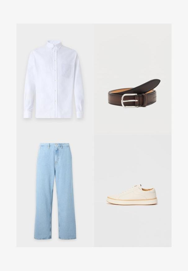 Chemise blanche à manches longues avec boutons en coton, présentant une poche poitrine avec broderie ton sur ton, un col et des poignets boutonnés.; Jean bleu clair à taille haute et jambes larges avec passants de ceinture, bouton frontal et fermeture éclair, présenté sur un fond clair uni.; Baskets en cuir blanc avec un bout rond, design simple à lacets, semelle intérieure rembourrée et semelle en caoutchouc beige contrastante. Texture lisse sur l'ensemble.; Ceinture en cuir marron foncé roulée avec une boucle rectangulaire argentée sur fond blanc.