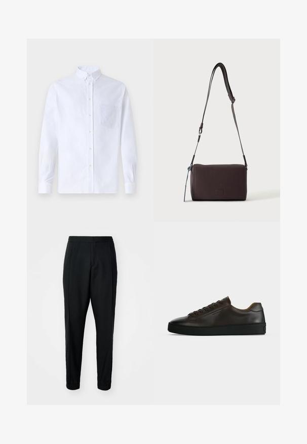 Chemise blanche à manches longues avec boutons en coton, présentant une poche poitrine avec broderie ton sur ton, un col et des poignets boutonnés.; Pantalons noirs fuselés en tissu lisse, avec taille élastique et poignets. Présente des plis à l'avant pour un aspect ajusté.; Baskets basses en cuir marron foncé avec semelle en caoutchouc noire, lacets à l'avant et design minimaliste épuré sur fond clair.; Sac bandoulière en cuir marron foncé texturé avec une sangle réglable et un petit accent décoratif bleu sur le côté.