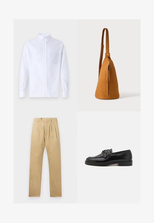 Witte lange mouwen overhemd van katoen, met een borstzak met tonale borduring, een kraag en knopenmanchetten.; CLOSED BERGEN TAPERED - Chino - beige; Zwarte leren instappers met een ronde neus en een decoratieve gesp. Platte, stevige hak en een gladde textuur overal.; Lichtbruine leren schoudertas met verstelbare band en verticale ritszak, zijaanzicht tegen een effen lichte achtergrond.