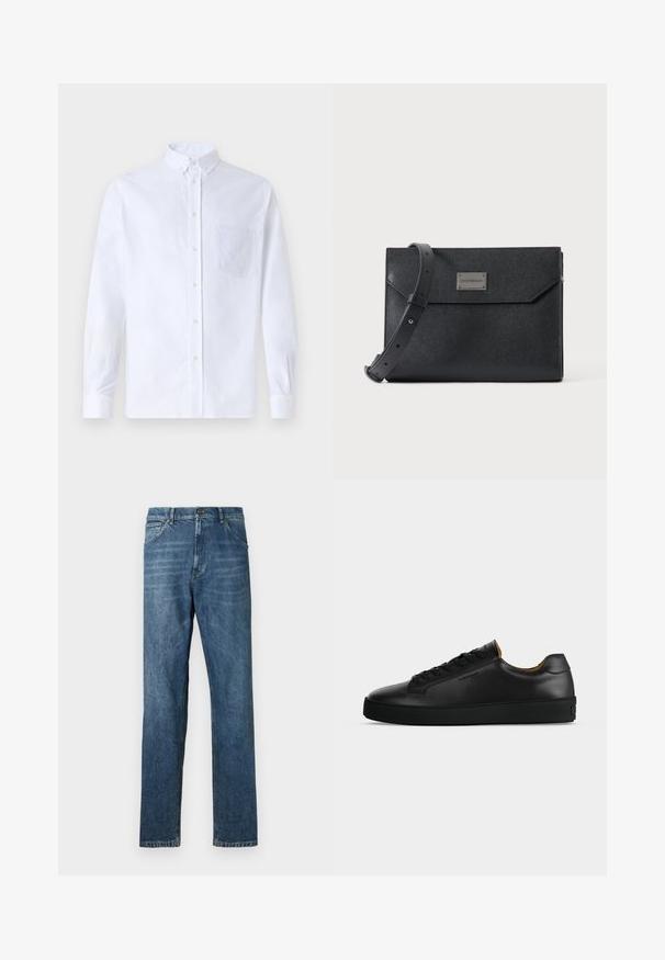 Chemise blanche à manches longues avec boutons en coton, présentant une poche poitrine avec broderie ton sur ton, un col et des poignets boutonnés.; Jeans en denim bleu foncé, design à jambe droite, style à cinq poches, couture visible et fermeture à bouton classique. Effet de délavage léger sur le tissu.; Basket basse en cuir noir avec lacets noirs, semelle en caoutchouc texturée et petit logo embossé sur le côté, présenté de profil sur fond gris.; Sac bandoulière en cuir noir texturé avec sangle réglable et plaque logo métallique à l'avant, fermeture à rabat rectangulaire de style enveloppe.