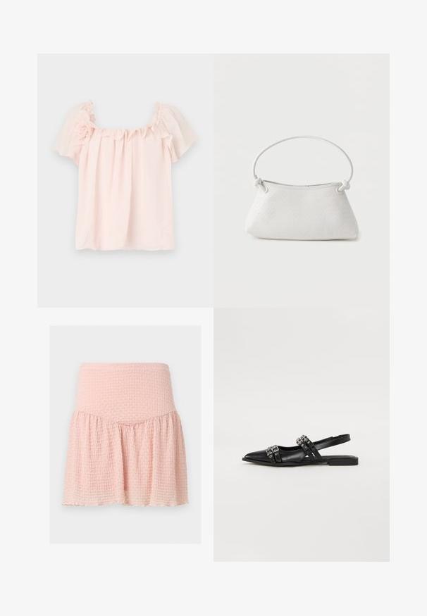 Blusa rosa claro con escote con volantes y mangas cortas abullonadas. Tela suave con un acento floral en el hombro izquierdo. Corte relajado.; Minifalda rosa claro con textura, cintura ancha y detalle de tela fruncida sobre un fondo liso.; Even&Odd Bailarinas con tira trasera - black; Bolso de mano de cuero blanco tejido con asa redondeada y extremos de la correa anudados, exhibido sobre un fondo liso.