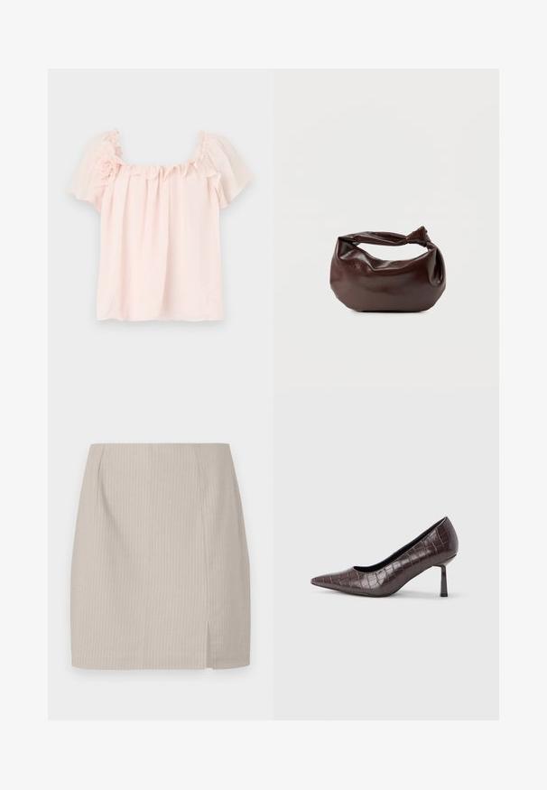 Lyserød bluse med flæse ved halsen og korte, pufærmer. Blødt stof med blomsterdetalje på venstre skulder. Behagelig pasform.; Beige blyantskirt med stribet tekstur, lige snit og en sideslids for ekstra bevægelse. Fremstillet af letvægtsstof.; Brune kunstlæder stiletter med spidse tæer og krokodilletekstur, der har en slank, vinklet hæl og en glat inderside.; Mørkebrun læder skuldertaske med en blød, afslappet form og et snoet knudehåndtag på en ensartet hvid baggrund.