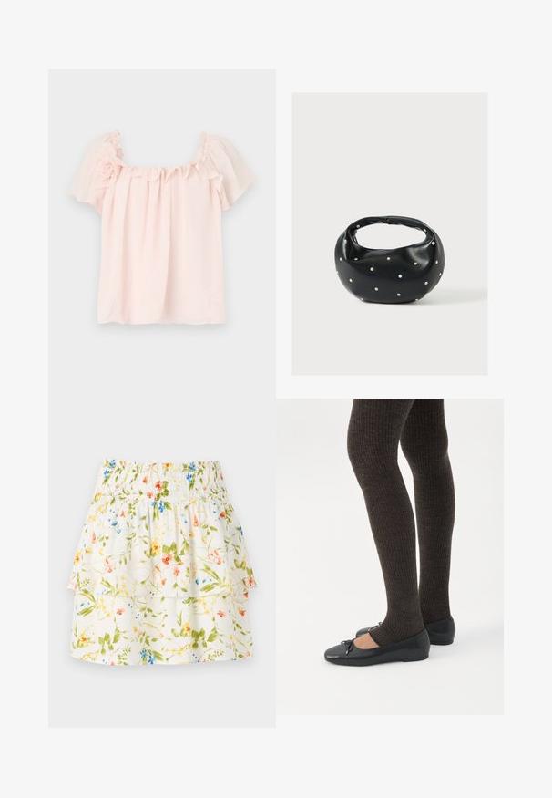 Lichtroze blouse met gerimpelde halslijn en korte, gepofte mouwen. Zacht stof met bloemaccent op de linker schouder. Ontspannen pasvorm.; Rok met bloemenpatroon, voorzien van een smockband, gerimpelde lagen en een witte achtergrond met groene, rode en blauwe bloemen.; Benen met donkere geribbelde leggings gecombineerd met zwarte ballerina's met kleine strikdetails op een witte achtergrond.; Zwarte leren handtas met een afgeronde vorm, versierd met zilveren studs, en een korte handgreep. Gladde textuur en ritsluiting.