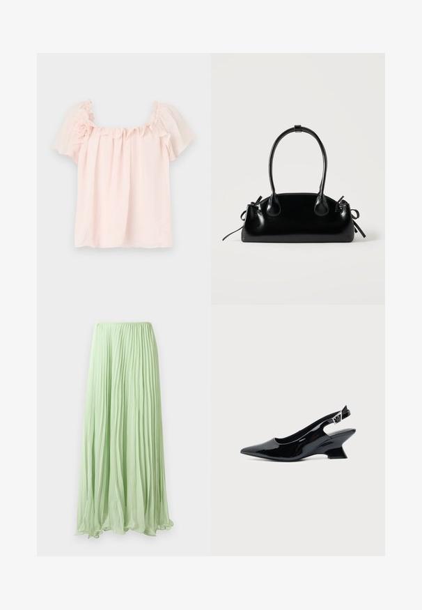 Blusa rosa claro con escote con volantes y mangas cortas abullonadas. Tela suave con un acento floral en el hombro izquierdo. Corte relajado.; Falda larga plisada verde claro con tela fluida y cinturilla elástica, exhibida contra un fondo blanco.; Zapato slingback de cuero charol negro con puntera puntiaguda y tacón bajo en bloque inclinado sobre fondo claro liso.; Pequeño bolso negro brillante con dos asas largas y detalles de cordón lateral sobre un fondo claro liso.