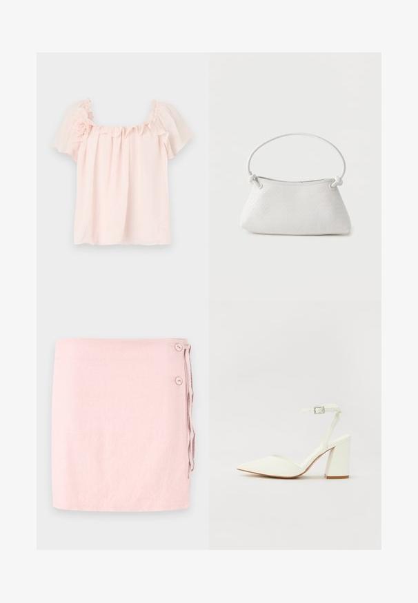 Blusa rosa claro con escote con volantes y mangas cortas abullonadas. Tela suave con un acento floral en el hombro izquierdo. Corte relajado.; Falda envolvente de color rosa claro hecha de lino con una textura suave, con dos botones laterales y un lazo ajustable. Diseño limpio y sencillo.; Sandalia blanca de tacón con puntera afilada, correa ajustable en el tobillo y un tacón cuadrado grueso. Textura lisa con detalles de costura mínimos.; Bolso de mano de cuero blanco tejido con asa redondeada y extremos de la correa anudados, exhibido sobre un fondo liso.