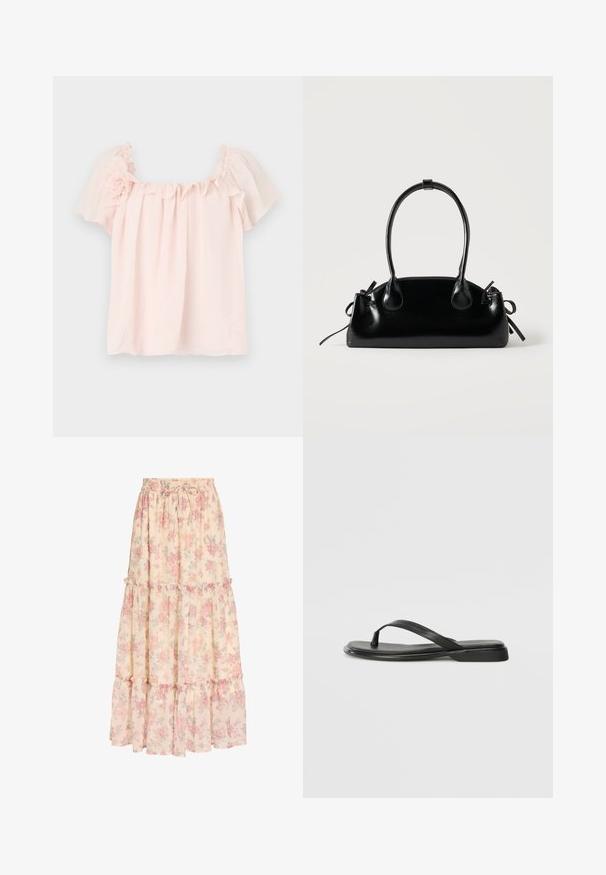 Lyserød bluse med flæse ved halsen og korte, pufærmer. Blødt stof med blomsterdetalje på venstre skulder. Behagelig pasform.; Lang beige nederdel med pink blomsterprint, elastisk talje med snøre og lagdelt flæsedetalje.; Sorte flip-flops lavet af glat læder, med et tyndt remdesign og en flad sål med et minimalt profil. Ingen bemærkelsesværdige mønstre eller accenter.; Lille sort blank håndtaske med to lange håndtag og snøre-detaljer i siden på en ensfarvet lys baggrund.