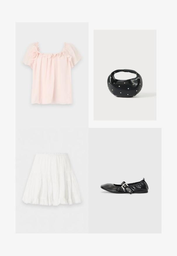 Lyserød bluse med flæse ved halsen og korte, pufærmer. Blødt stof med blomsterdetalje på venstre skulder. Behagelig pasform.; Hvid lagdelt nederdel med elastisk taljebånd og flæset kant, lavet af letvægtsstof.; Sorte læder flade sko med spids tå, samling detaljer omkring åbningen, og en sølv spænde accent på den justerbare rem.; Sort læderhåndtaske med en rundet form, dekoreret med sølvnitter, og et kort håndtag. Glat tekstur og lynlåslukning.
