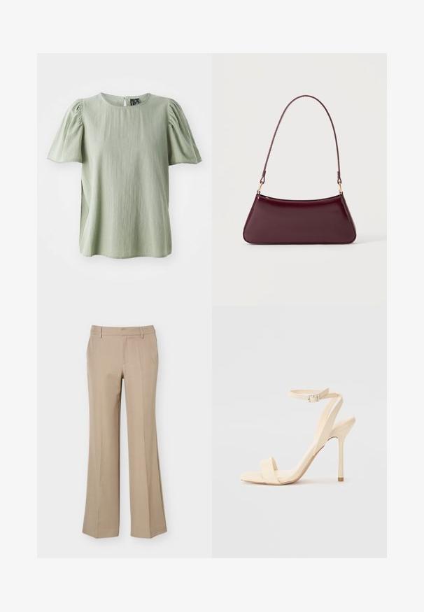 Blusa verde de manga corta con escote redondo, mangas ligeramente abullonadas y un delicado ribete en el escote y los bordes de las mangas.; Pantalones de vestir beige para mujer con trabillas, pliegue frontal y corte recto de pierna ancha sobre un fondo blanco liso.; Sandalia de tacón alto beige con una delgada correa en el tobillo y puntera cuadrada. Material sintético suave, diseño minimalista y tacón de aguja.; Bolso brillante de color burdeos oscuro con un asa fina y única y una forma elegante de trapecio sobre un fondo claro y liso.