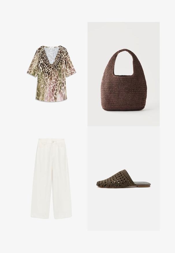 Haut à manches courtes avec un décolleté en V profond, arborant un imprimé léopard dégradé dans des tons terreux de beige, vert et touches de rose. Tissu léger.; Pantalon blanc taille haute à jambes larges avec fermeture devant par bouton et zip, passants de ceinture et poches avant.; Mule tissée marron à enfiler avec une semelle plate et un bout fermé arrondi sur fond blanc.; Sac tote marron en crochet avec une large anse et une forme rectangulaire arrondie sur fond uni clair.