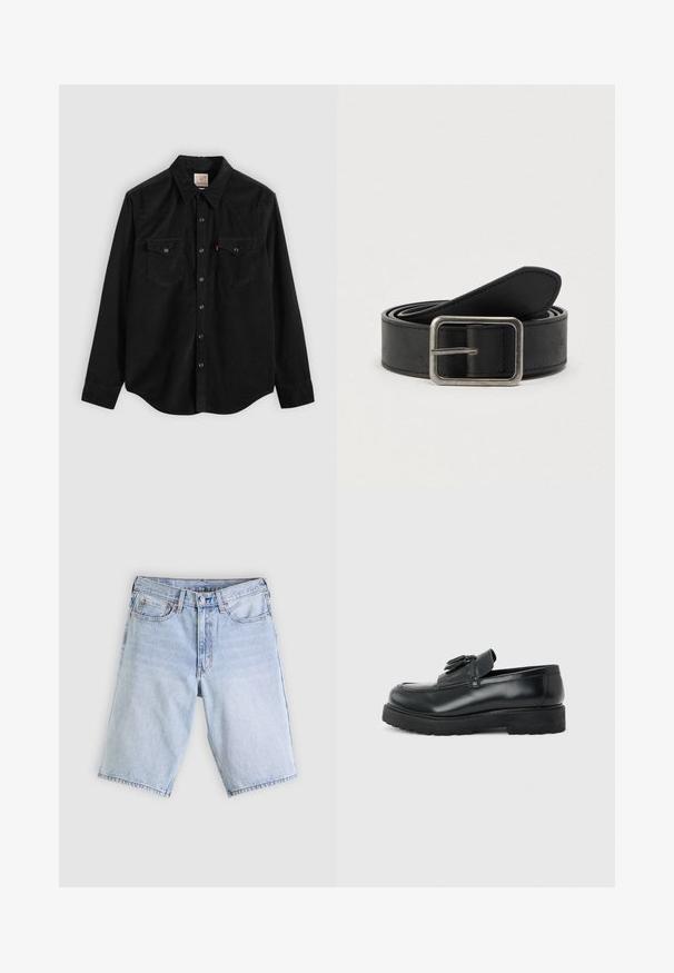 Sort corduroy-skjorte med lange ærmer, knaplukning, to brystlommer og en spids krave. Tekstureret stof med en glat finish.; Lyseblå denimshorts med frontknap og lynlås, bæltestropper og femlomme-design lagt fladt på en hvid baggrund.; Sort læderloafer med kvaster, tyk gummisål og lav hæl, vist i sideprofil på en ensfarvet baggrund.; Sort læderbælte med en sølvfarvet metalspænde, der har en glat tekstur og et enkelt, klassisk design.