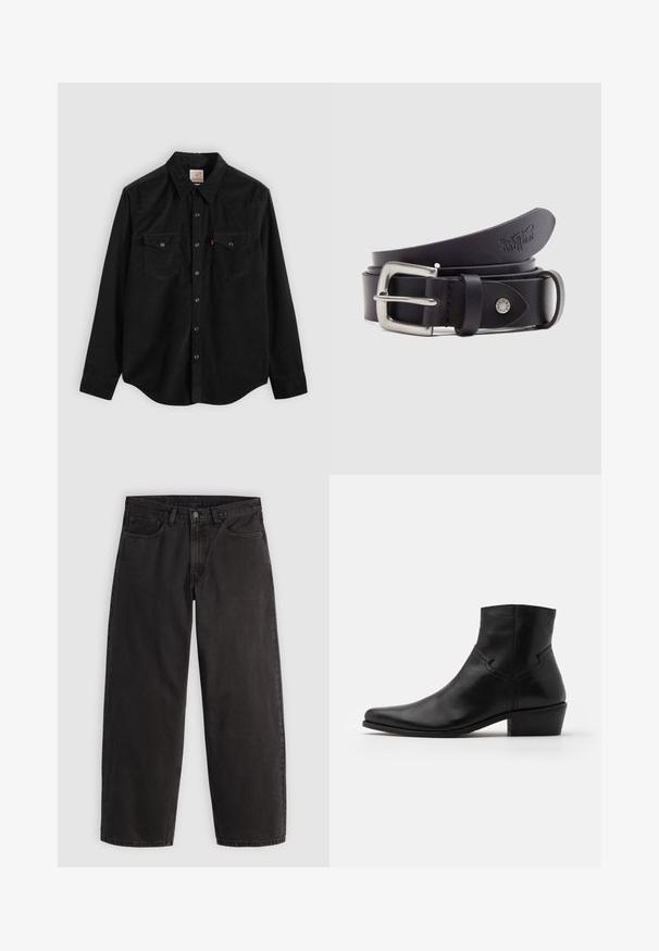 Sort corduroy-skjorte med lange ærmer, knaplukning, to brystlommer og en spids krave. Tekstureret stof med en glat finish.; Sorte denimjeans med lige ben, fem lommer og bæltestropper, vist fladt på en ensartet lys baggrund.; Sort læder ankelstøvle med spids tå, minimale syninger, en mellem-høj blokhælt og en glat, poleret finish.; Sort læderbælte med spænde i sølvmetal, en trykknap til justering og prægede detaljer på læderet. Glat tekstur over det hele.