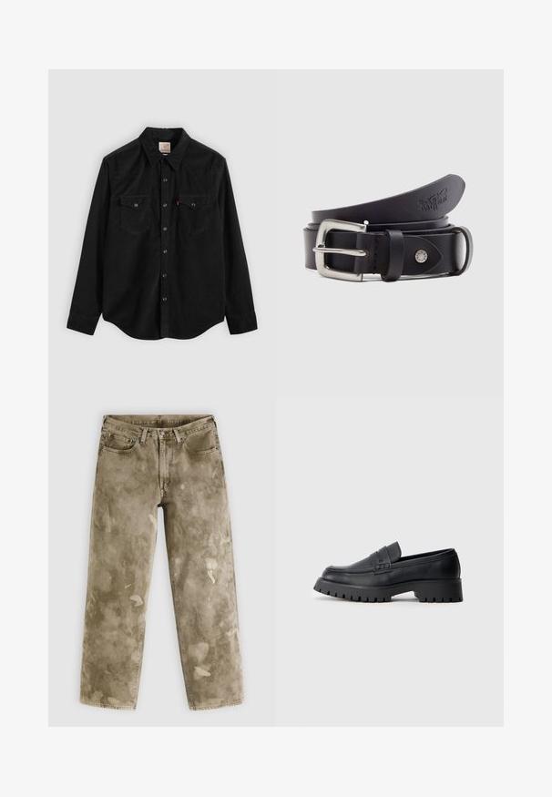 Sort corduroy-skjorte med lange ærmer, knaplukning, to brystlommer og en spids krave. Tekstureret stof med en glat finish.; Khakifarvede jeans med vide ben og en slidt tekstur, med lyse malesprøjt og et design med fem lommer. Fremstillet af denimmateriale.; Sorte læder loafers med en rund tå, prydet med en dekorativ rem og en kraftig gummisål med dybe riller for grip.; Sort læderbælte med spænde i sølvmetal, en trykknap til justering og prægede detaljer på læderet. Glat tekstur over det hele.