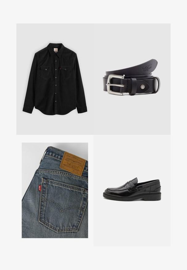 Camisa de pana negra con mangas largas, cierre de botones, dos bolsillos en el pecho y cuello puntiagudo. Tejido texturizado con un acabado suave.; Bolsillo trasero de vaqueros Levi's azul denim con costuras amarillas y una etiqueta de cuero marrón de Levi Strauss & Co. en la cintura.; Mocasines de cuero negro con un acabado suave, punta redondeada, tacón bajo y costura decorativa en la parte delantera. Suela de goma para mayor agarre.; Cinturón de cuero negro con hebilla metálica plateada, cierre de botón para ajuste y detalles en relieve en el cuero. Textura suave en todo el cinturón.