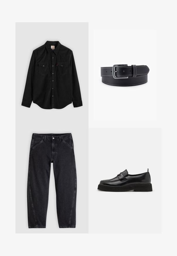 Sort corduroy-skjorte med lange ærmer, knaplukning, to brystlommer og en spids krave. Tekstureret stof med en glat finish.; Sorte denimjeans med løs pasform, der har en standard-taljebånd, femlomme-design og kontrastsyning langs sømmene.; Sorte læder loafersko i stil med flad, tekstureret sål, med en syet tå og en rem over vristen.; Sort læderbælte med en sølvfarvet metalspænde, kontrasterende hvide syninger og en glat overflade. Indeholder flere justeringshuller.