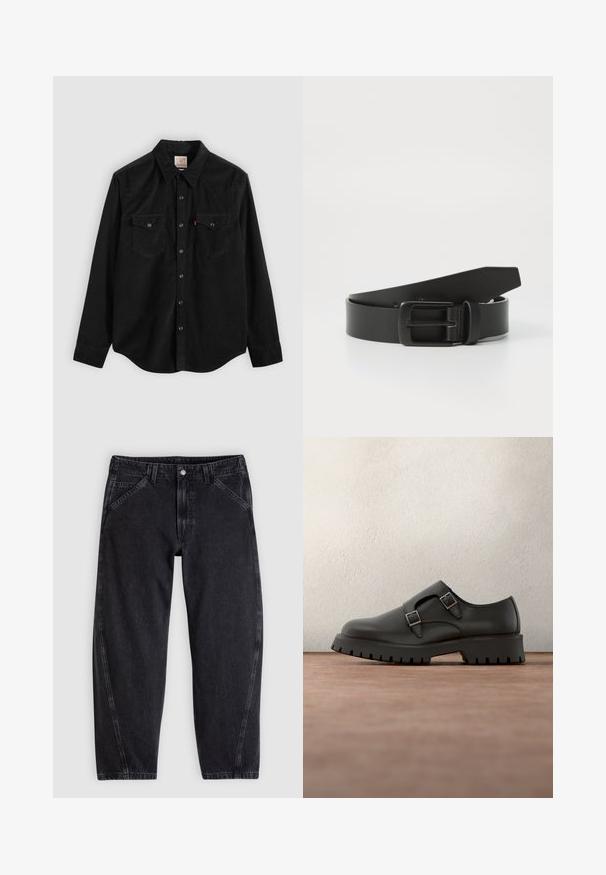Schwarzes Cord-Hemd mit langen Ärmeln, Knopfleiste, zwei Brusttaschen und spitzem Kragen. Texturiertes Gewebe mit glattem Finish.; Schwarze Jeans aus Denim mit lockerem Schnitt, ausgestattet mit einem normalen Bund, einem Fünf-Taschen-Design und Kontrastnähten entlang der Nähte.; Schwarzer Lederschuh mit doppelten Schnallenriemen, abgerundetem Zehenbereich und strukturierter, dicker Gummisohle. Minimalistisches Design mit kontrastierendem blauem Innenfutter.; Schwarzer Leder Gürtel mit einer mattschwarzen Metallschließe, ausgestattet mit einer glatten Textur und einfachem Design. Verstellbare Länge mit zulaufendem Ende.