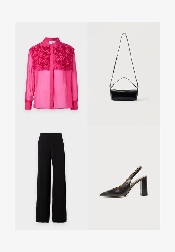 Chemise rose à boutons avec un design floral texturé sur les épaules, à manches longues et en tissu lisse et léger tout au long.; Pantalon noir à jambes larges en tissu doux avec une taille élastique, présentant un design épuré sans motifs ni accents visibles.; Chaussure slingback en cuir noir à bout pointu avec un talon bloc haut et une doublure intérieure beige sur un fond clair uni.; Sac bandoulière rectangulaire en cuir noir avec bandoulière ajustable, fermeture éclair sur le dessus et petit logo Calvin Klein doré sur le devant.