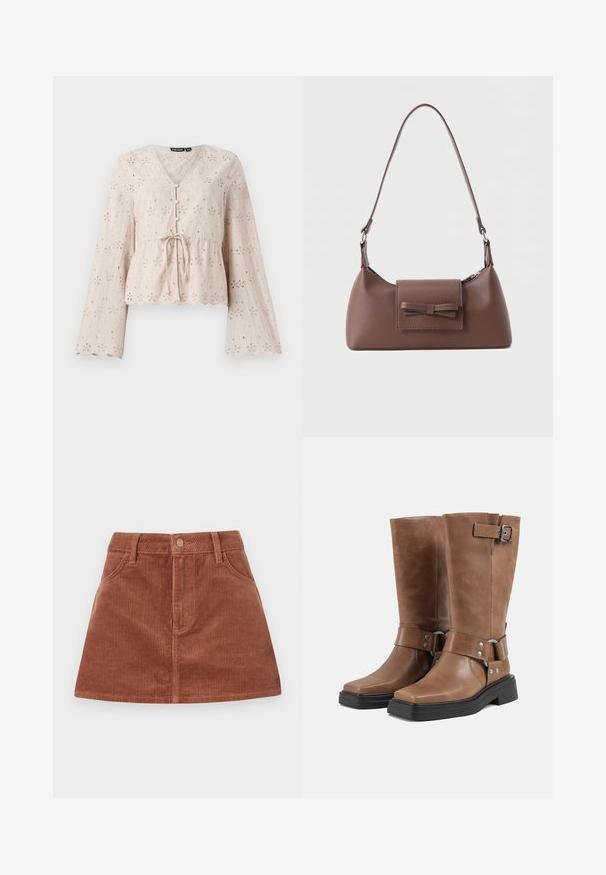 Lys beige broderet bluse med V-udskæring, lange klokkeærmer, bånd i taljen og bølgemønster forneden, prydet med broderede blomsterdekorationsmønstre.; Brun corduroy mini nederdel med vertikal ribbet tekstur, forlommer, en knaplukning og en lige snit.; Par brune læderstøvler til midt på leggen med sorte chunky såler, sidestropper med metal spænder og nitter samt firkantede tåkasser.; Brun skuldertaske i læder med en frontlomme med klap, der har en sydd sløjfedetalje, og en justerbar rem.
