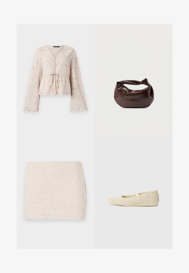Lys beige broderet bluse med V-udskæring, lange klokkeærmer, bånd i taljen og bølgemønster forneden, prydet med broderede blomsterdekorationsmønstre.; Beige linnedyr med et minimalistisk design, der har en glat tekstur og en subtil vævning. Det har en lige, simpel skæring uden synlige lukninger.; Lysebrune ballet flats med en glat læderoverflade, mandelformet tå og elastisk rem over vristen, med diskrete syninger.; Mørkebrun læder skuldertaske med en blød, afslappet form og et snoet knudehåndtag på en ensartet hvid baggrund.