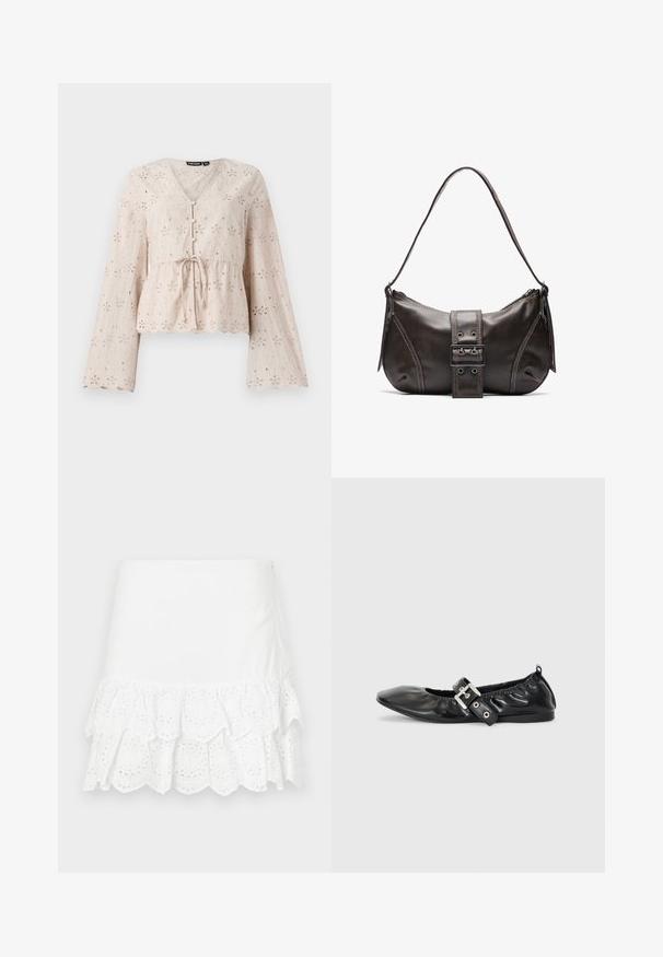 Lys beige broderet bluse med V-udskæring, lange klokkeærmer, bånd i taljen og bølgemønster forneden, prydet med broderede blomsterdekorationsmønstre.; Hvid bomuldsnederdel med lagdelt flæse-design og øjelet broderi i kanten. Glat tekstur, længde over knæet.; Sorte læder flade sko med spids tå, samling detaljer omkring åbningen, og en sølv spænde accent på den justerbare rem.; Brun læder skuldertaske med en buet form, der har et fremtrædende spænde, kontrasterende syninger og en enkelt skulderrem.