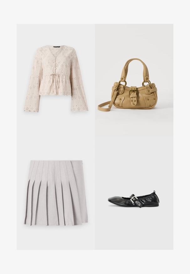 Lys beige broderet bluse med V-udskæring, lange klokkeærmer, bånd i taljen og bølgemønster forneden, prydet med broderede blomsterdekorationsmønstre.; Grå plisseret nederdel med en glat tekstur, der har flere lodrette folder og en tætsiddende talje. Fremstillet af letvægtsstof.; Sorte læder flade sko med spids tå, samling detaljer omkring åbningen, og en sølv spænde accent på den justerbare rem.; Beige læderhåndtaske med dobbelte håndtag, messing spænde og nitte detaljer samt en justerbar skulderrem mod en hvid baggrund.