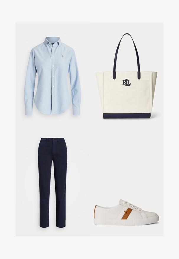 Lyseblå skjorte med lange ærmer, knapper og krave samt lille broderet logo på venstre bryst.; Lauren Ralph Lauren SLIM FIT STRETCH CHINO PANT - Chino - navy; Hvid lavtop sneaker med brun stribe og gyldent logo på siden, hvide snørebånd og struktureret hvid gummisål.; Beige lærredstaske med sorte læderhåndtag, bundtrim og sort "RLL" logo midtfor.