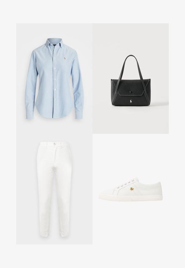 Chemise bleu clair à manches longues boutonnée avec col et petit logo brodé sur la poitrine gauche.; Pantalon en coton blanc avec une coupe ajustée, comprenant une fermeture simple à bouton, un devant plat et des jambes effilées. Le tissu semble lisse avec une texture minimale.; Lauren Ralph Lauren JANSON II CANVAS SNEAKER - Baskets basses - optic white; Sac à main en cuir noir avec deux poignées, rabat avant à fermeture par bouton, coutures blanches et petit logo cheval sur fond uni.