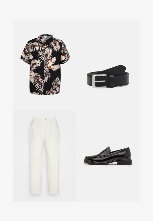 Chemise noire à manches courtes, boutonnée, avec un grand imprimé de feuilles tropicales beige et marron.; Esprit STRAIGHT PLEAT - Pantalon classique - off white; Mocassins en cuir noir avec un embout arrondi, présentant un détail cousu sur le dessus, et un petit talon carré. Texture lisse et finition brillante.; Ceinture en cuir noir avec une texture lisse, boucle rectangulaire en argent et une boucle pour l'extrémité. Présente des coutures soignées le long des bords.