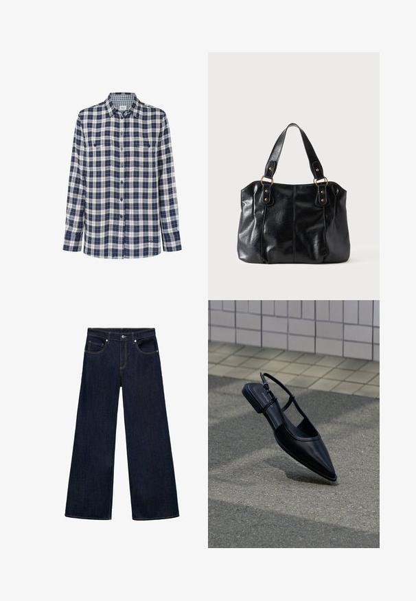 Geruite flanellen shirt in marineblauw, wit en rood. Lange mouwen, knoopsluiting aan de voorkant, twee borstzakken en een subtiel logo aan de zoom.; Donkerblauwe denim wijde jeans met een hoge taille, voorzien van vijf zakken, metalen knoopsluiting en zichtbare stikselaccenten.; Zwarte platte schoen met puntige neus en slingback, zwevend boven een asfaltoppervlak naast een betegeld trottoir.; Zwarte leren schoudertas met dubbele bandjes bevestigd met gouden ringen en klinknagels, glad en licht glanzend oppervlak, eenvoudig ontwerp.
