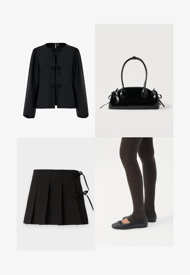 Zwarte cropped blouse met een ronde halslijn, drie strikjes aan de voorkant, lange pofmouwen en een gestructureerde stof.; Zwarte geplooide rok met zijsstrikjes, gemaakt van stof met een gladde textuur; heeft een gestructureerd ontwerp en strakke lijnen.; Benen met donkere geribbelde leggings gecombineerd met zwarte ballerina's met kleine strikdetails op een witte achtergrond.; Kleine zwarte glanzende handtas met twee lange hengsels en zijkant trekkoord details op een effen lichte achtergrond.