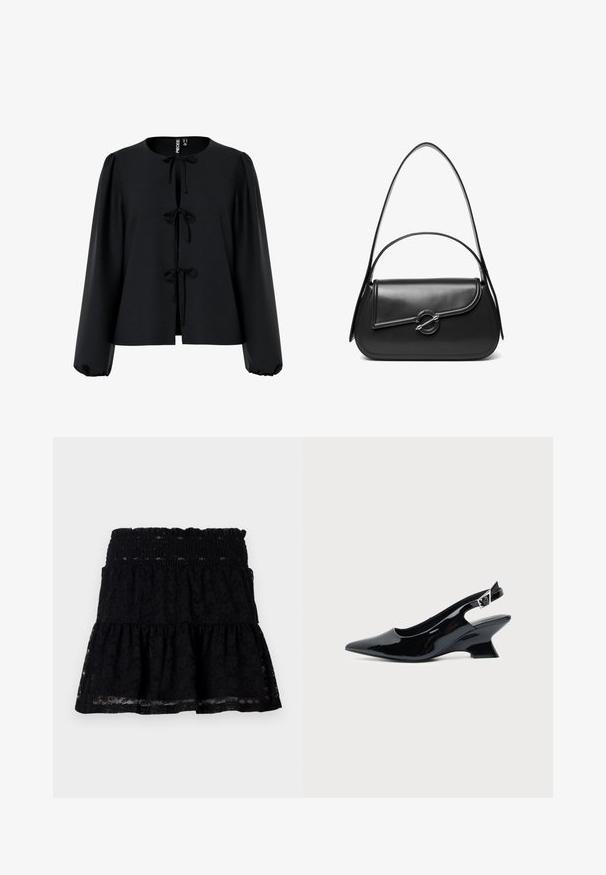 Zwarte cropped blouse met een ronde halslijn, drie strikjes aan de voorkant, lange pofmouwen en een gestructureerde stof.; Zwarte kanten rok met een elastische tailleband. Heeft een uitlopende, gelaagde stijl en een doorschijnende textuur, wat een gelaagde uitstraling creëert.; Zwarte lakleren slingback schoen met spitse neus en lage schuine blokhak op een effen lichte achtergrond.; Zwarte leren schoudertas met een gebogen klep die is bevestigd met een ronde metalen sluiting en een smalle, verstelbare band.