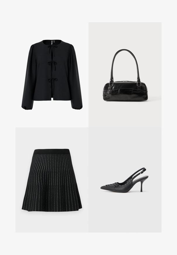 Schwarze, kurz geschnittene Bluse mit rundem Ausschnitt, drei Bändern vorne, langen Puffärmeln und einem strukturierten Stoff.; Schwarze Rock mit strukturiertem Strick und Zickzack-Silberstreifen, ausgestelltem Design und festem schwarzen Bund.; Schwarzer Leder-Slingback-Stiletto mit spitzem Zehenaufsatz, seitlichem Schnallenriemen, Nieten entlang der Kante und dekorativer Schnürung vorne.; Schwarze Lederhandtasche in rechteckiger Form, mit einem stabilen Griff, silbernem Zubehör und Reißverschluss. Glatte Textur.