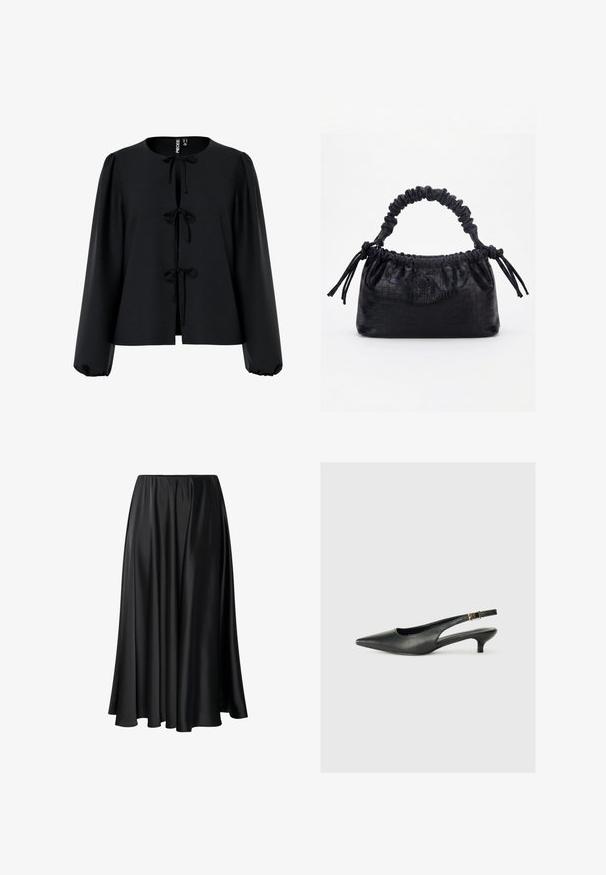 Zwarte cropped blouse met een ronde halslijn, drie strikjes aan de voorkant, lange pofmouwen en een gestructureerde stof.; Zwarte maxi rok van gladde stof, met een elastische tailleband, een volle silhouet en een vloeiende zoom zonder zichtbare patronen of details.; Zwarte puntschoen met slingback van soepel leer. Kenmerkt zich door een dunne hak en een gespdetail op de verstelbare band.; Zwarte handtas met krokodillenstructuur, geplooide bovenrand, samengevoerde handgreep en koordtassels aan elke kant tegen een witte achtergrond.