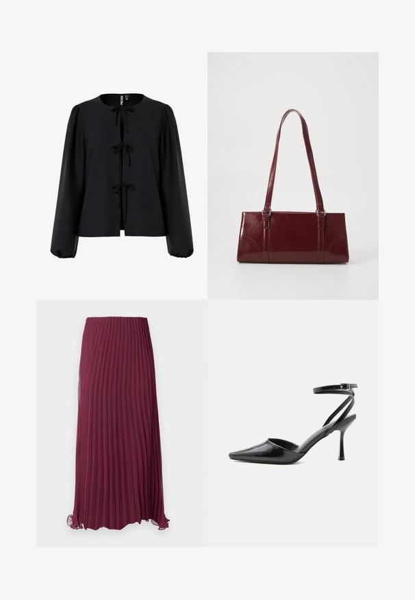 Blusa negra corta con escote redondo, tres lazos en el frente, mangas largas abullonadas y un tejido texturizado.; Larga falda de color burdeos con pliegues, hecha de un tejido ligero, con una cintura elástica y un dobladillo ligeramente rizado. Pliegues verticales texturizados en toda la prenda.; Zapato de tacón alto negro de punta fina con delgadas correas en el tobillo y cierre de hebilla plateada sobre un fondo liso claro.; Bolso burdeos hecho de material brillante, de forma rectangular, con dos asas para el hombro y sutiles acentos curvados en la parte frontal.
