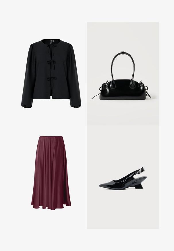 Blusa negra corta con escote redondo, tres lazos en el frente, mangas largas abullonadas y un tejido texturizado.; Falda larga color burdeos hecha de un tejido liso y brillante, con un diseño fluido y cinturilla elástica. Sin patrones ni acentos.; Zapato slingback de cuero charol negro con puntera puntiaguda y tacón bajo en bloque inclinado sobre fondo claro liso.; Pequeño bolso negro brillante con dos asas largas y detalles de cordón lateral sobre un fondo claro liso.