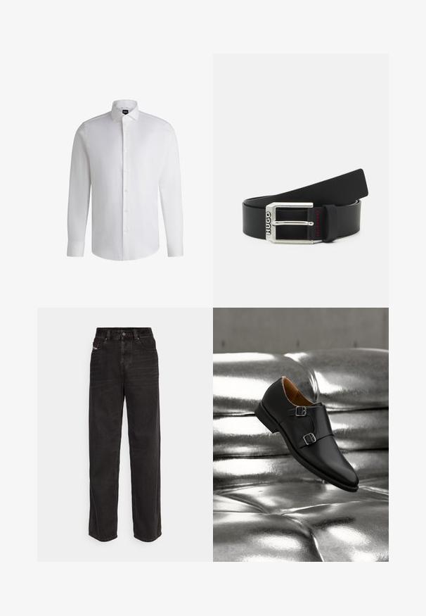 Camisa blanca de manga larga hecha de algodón suave, con un cuello clásico, botonera completa y puños abotonados. Diseño minimalista.; Pantalones de mezclilla negros de pierna ancha con cintura alta, cierre frontal de botones, dos bolsillos laterales y detalles de costura sutiles.; Zapato negro de cuero con doble hebilla tipo monje y hebillas plateadas, exhibido sobre una superficie metálica plateada con acabado capitoné reflectante.; Cinturón de cuero negro con una hebilla metálica plateada grabada con "HUGO", que presenta una costura de acento roja en el lazo del cinturón.