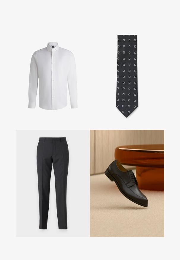 Camisa blanca de manga larga hecha de algodón suave, con un cuello clásico, botonera completa y puños abotonados. Diseño minimalista.; Pantalones de traje gris oscuro con un corte recto, que cuentan con bolsillos laterales y una textura sutil. Los cierres incluyen una cremallera y presillas para cinturón.; Zapato de vestir negro de cuero con cordones flotando sobre una alfombra beige, con una mesa redonda naranja al fondo.; Corbata negra con acabado texturizado, con patrones de cuadrados blancos espaciados regularmente y delineados con líneas delgadas. Forma tradicional estrecha.